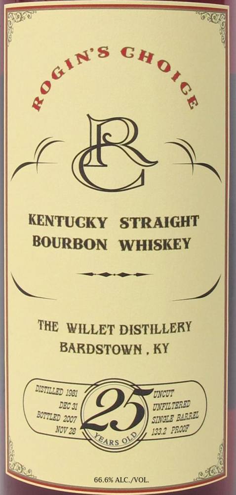 Label for Rogin's Choice, 25 Years Old, straight bourbon, filed by Connoisseur Wines & Spirits California