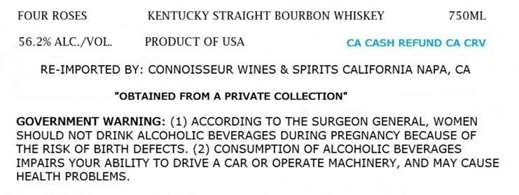 Label for Four Roses, Mariage, straight bourbon, filed by Connoisseur Wines & Spirits California